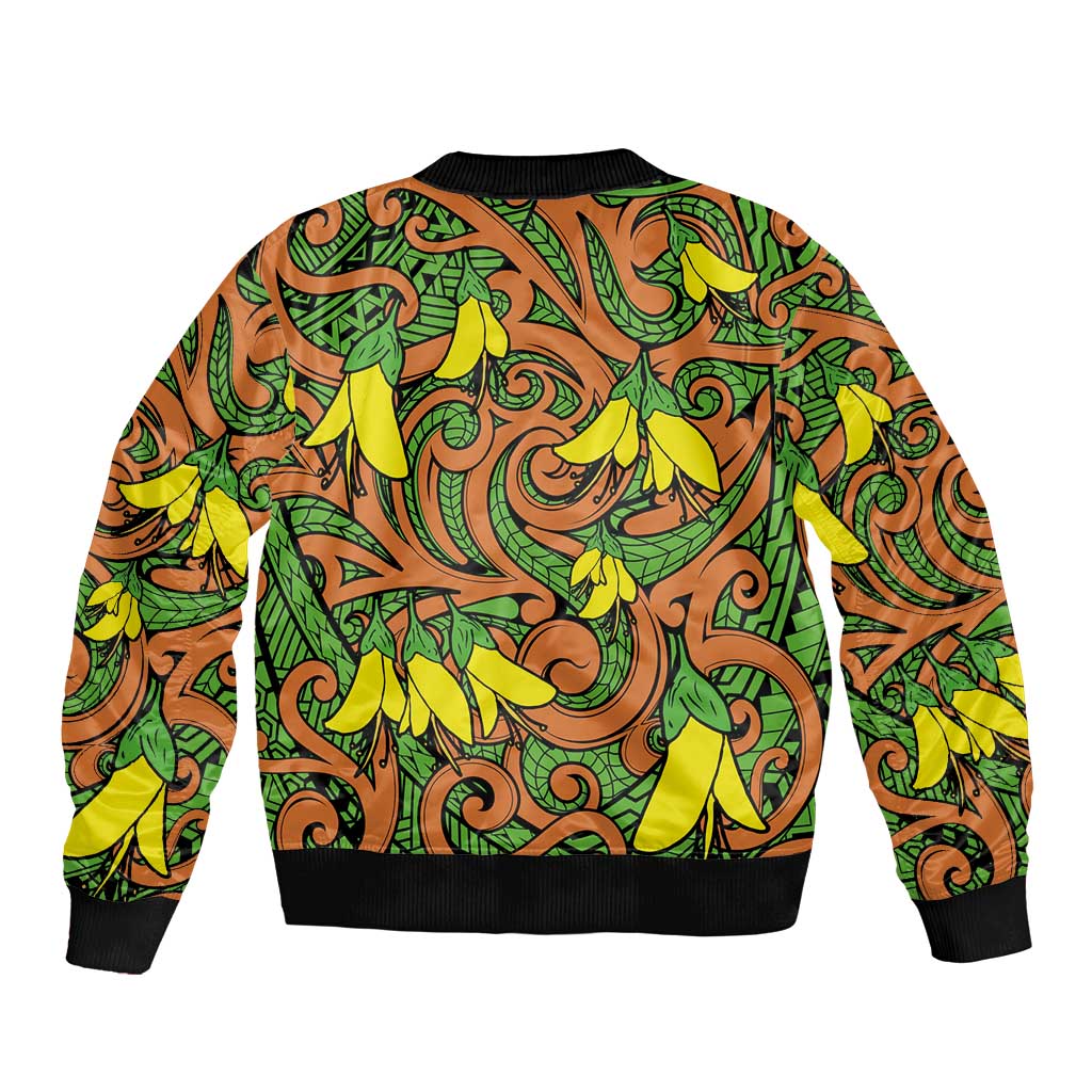 New Zealand Kowhai Flowers Sleeve Zip Bomber Jacket Maori Koru Pattern LT03 - Polynesian Pride