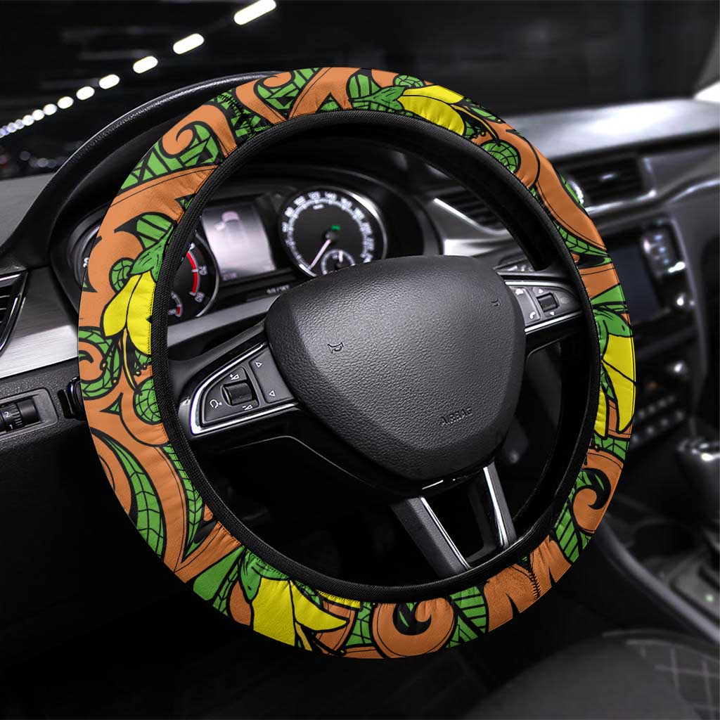 New Zealand Kowhai Flowers Steering Wheel Cover Maori Koru Pattern