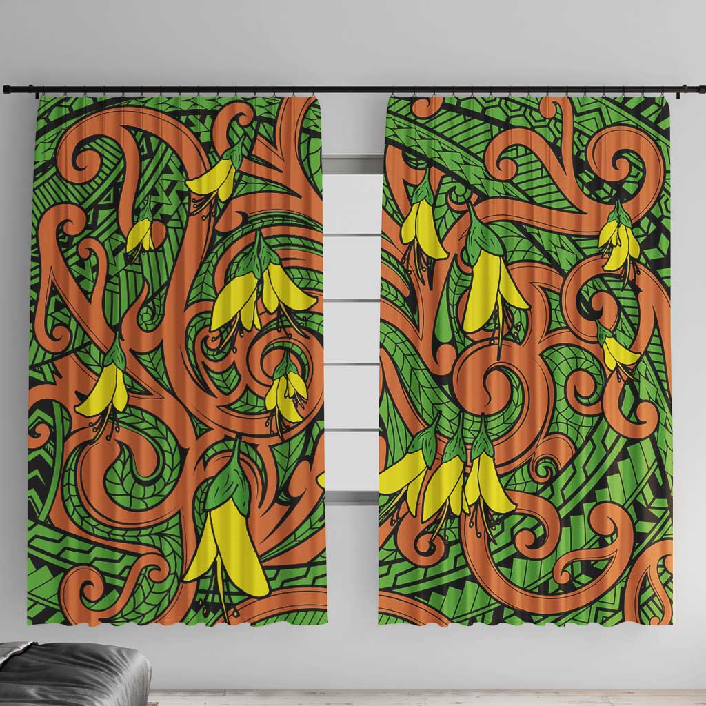 New Zealand Kowhai Flowers Window Curtain Maori Koru Pattern LT03 With Hooks Orange - Polynesian Pride