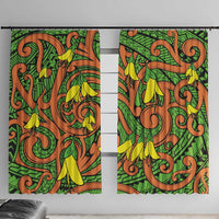 New Zealand Kowhai Flowers Window Curtain Maori Koru Pattern LT03 With Hooks Orange - Polynesian Pride