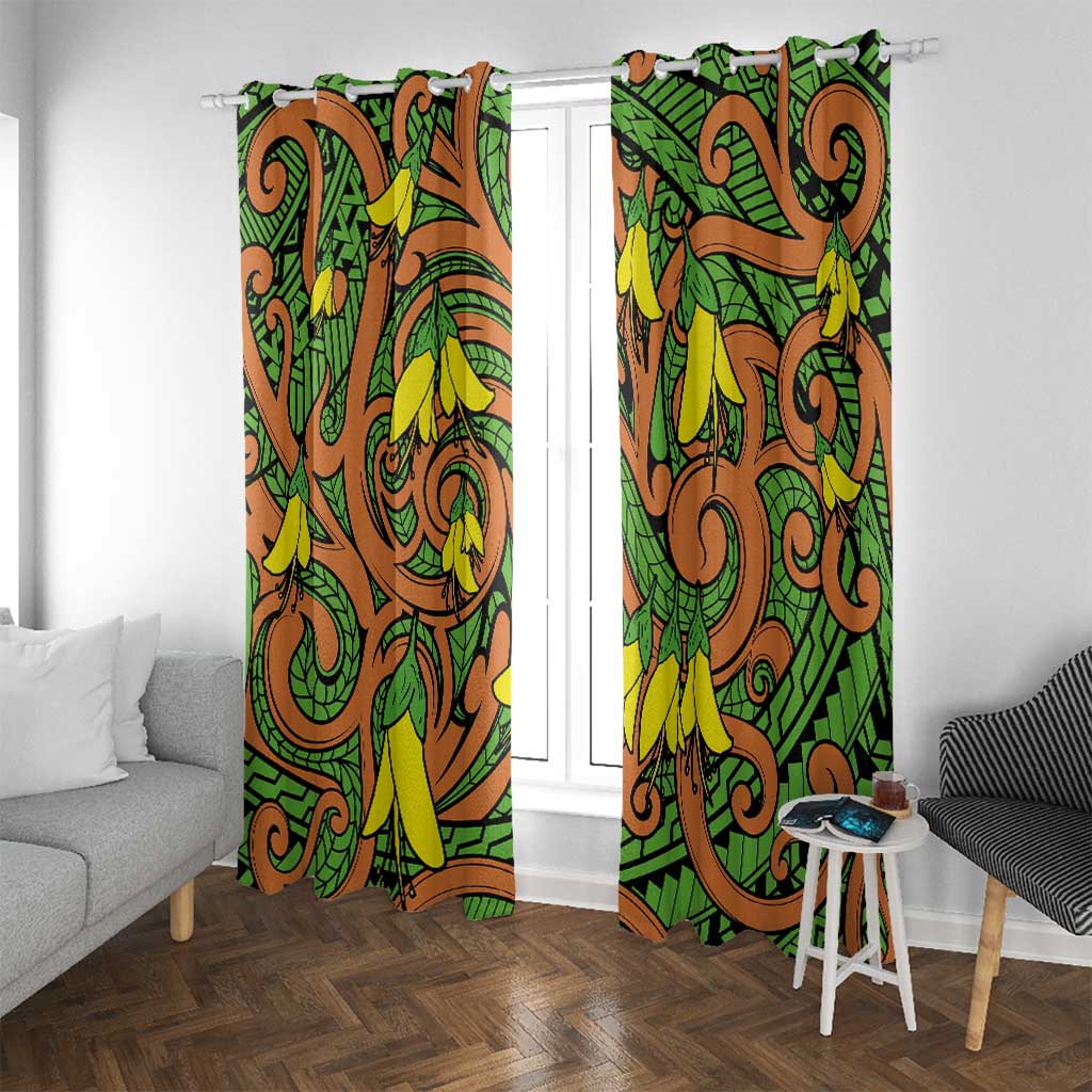 New Zealand Kowhai Flowers Window Curtain Maori Koru Pattern LT03 With Grommets Orange - Polynesian Pride