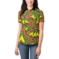 New Zealand Kowhai Flowers Women Polo Shirt Maori Koru Pattern LT03 - Polynesian Pride