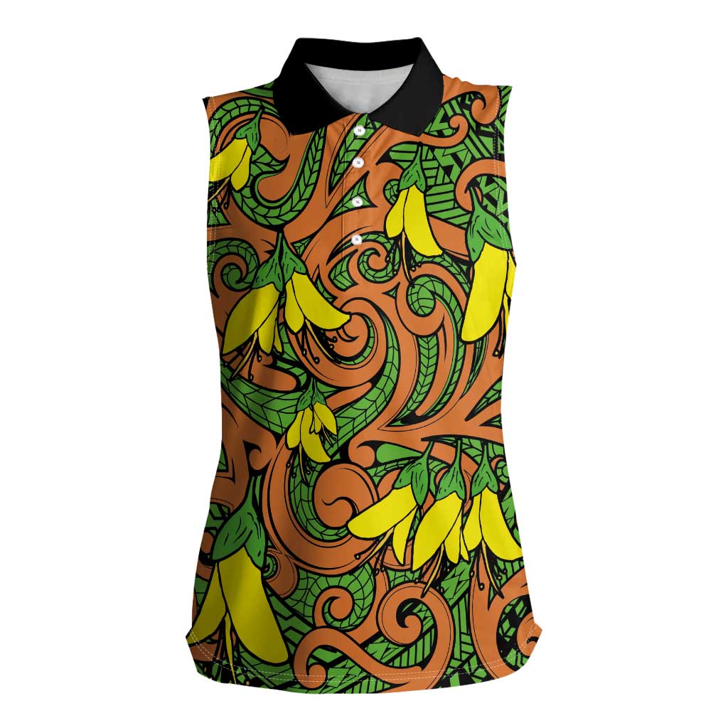 New Zealand Kowhai Flowers Women Sleeveless Polo Shirt Maori Koru Pattern