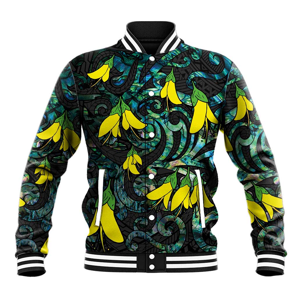 New Zealand Kowhai Flowers Baseball Jacket Maori Koru Pattern With Paua Shell Style LT03 Unisex Black - Polynesian Pride