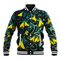 New Zealand Kowhai Flowers Baseball Jacket Maori Koru Pattern With Paua Shell Style LT03 Unisex Black - Polynesian Pride