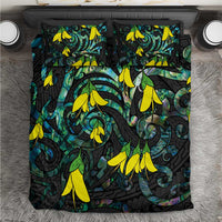 New Zealand Kowhai Flowers Bedding Set Maori Koru Pattern With Paua Shell Style LT03 Black - Polynesian Pride