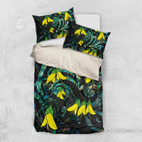 New Zealand Kowhai Flowers Bedding Set Maori Koru Pattern With Paua Shell Style LT03 US Twin 172cm x 218cm Black - Polynesian Pride