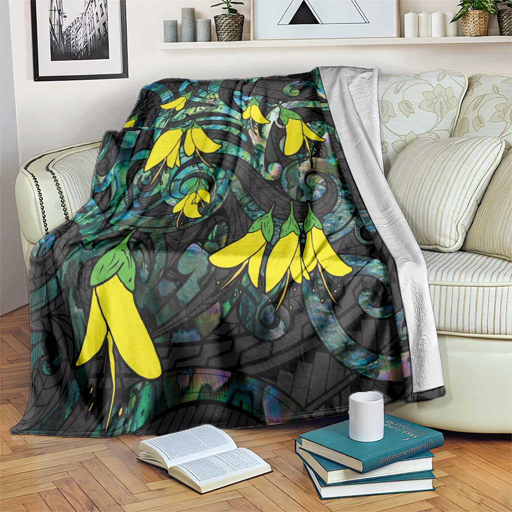 New Zealand Kowhai Flowers Blanket Maori Koru Pattern With Paua Shell Style LT03 Black - Polynesian Pride
