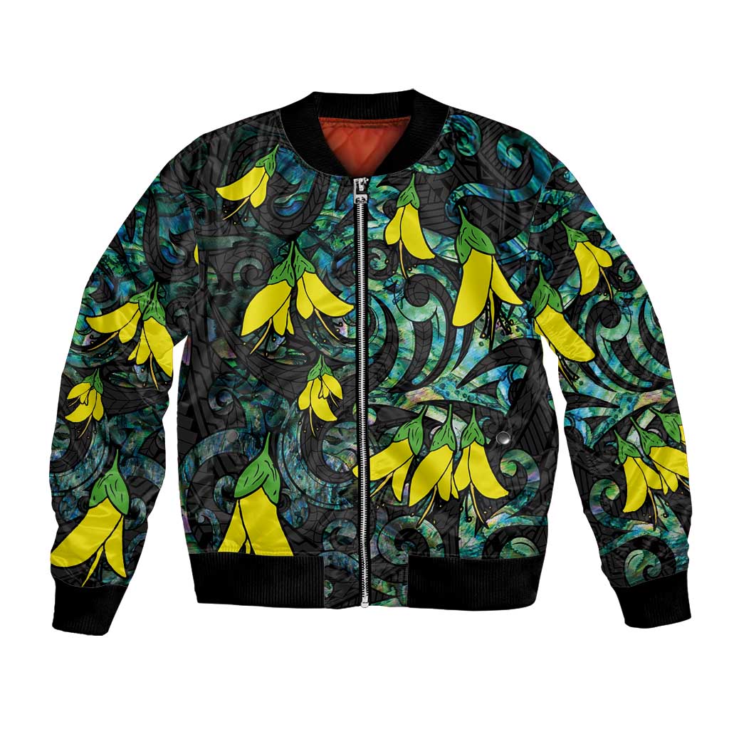 New Zealand Kowhai Flowers Bomber Jacket Maori Koru Pattern With Paua Shell Style LT03 Unisex Black - Polynesian Pride
