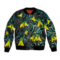 New Zealand Kowhai Flowers Bomber Jacket Maori Koru Pattern With Paua Shell Style LT03 Unisex Black - Polynesian Pride