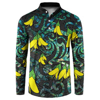 New Zealand Kowhai Flowers Button Sweatshirt Maori Koru Pattern With Paua Shell Style LT03 Black - Polynesian Pride