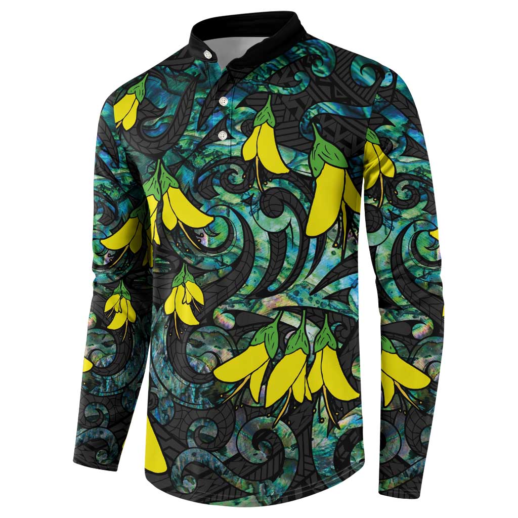 New Zealand Kowhai Flowers Button Sweatshirt Maori Koru Pattern With Paua Shell Style LT03 - Polynesian Pride