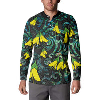 New Zealand Kowhai Flowers Button Sweatshirt Maori Koru Pattern With Paua Shell Style LT03 - Polynesian Pride