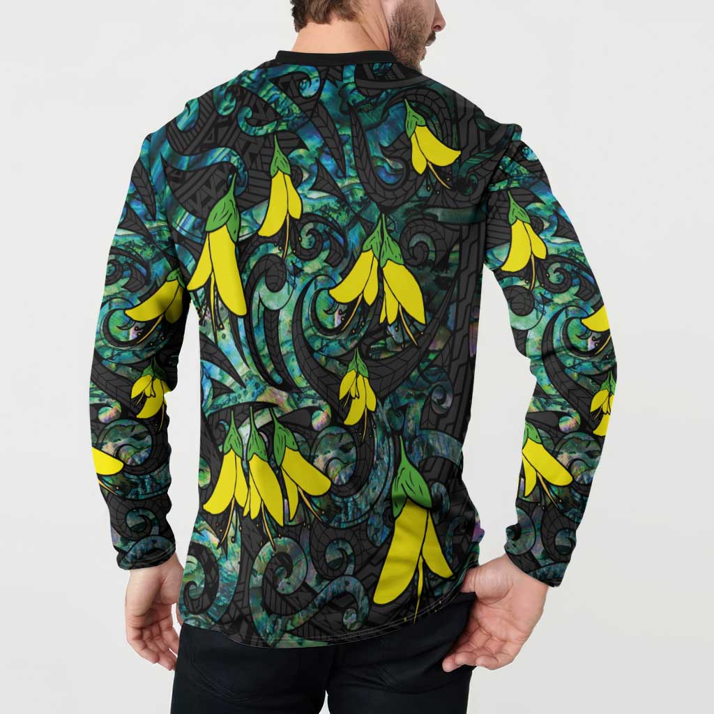 New Zealand Kowhai Flowers Button Sweatshirt Maori Koru Pattern With Paua Shell Style LT03 - Polynesian Pride