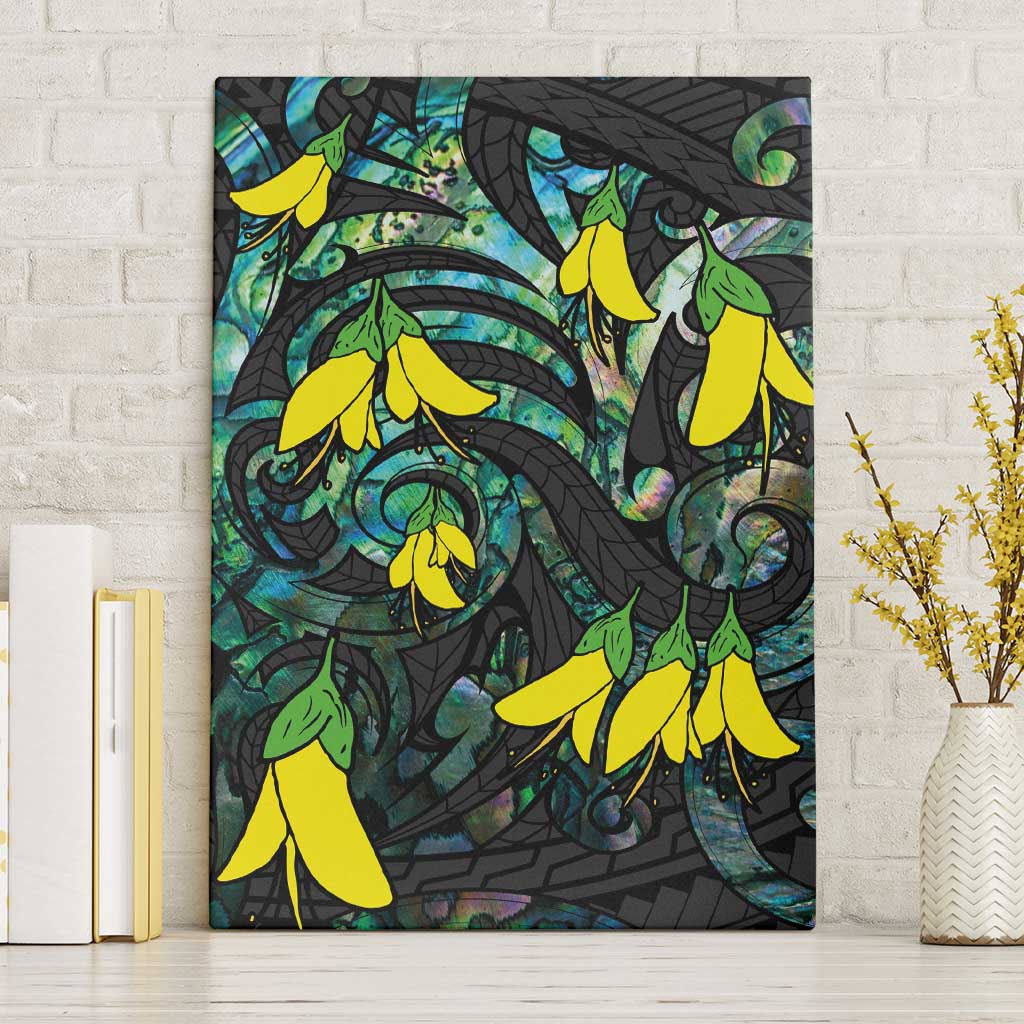 New Zealand Kowhai Flowers Canvas Wall Art Maori Koru Pattern With Paua Shell Style LT03 Without Frame Black - Polynesian Pride