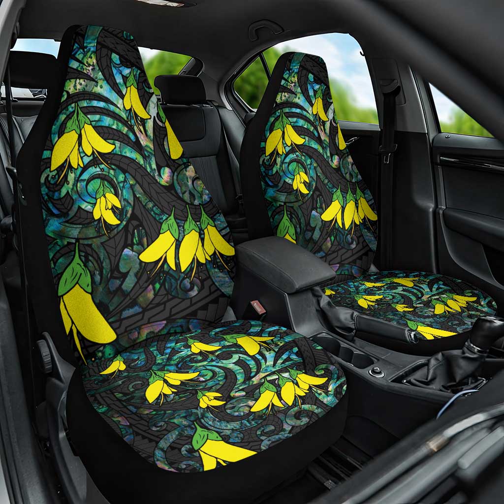 New Zealand Kowhai Flowers Car Seat Cover Maori Koru Pattern With Paua Shell Style LT03 One Size Black - Polynesian Pride