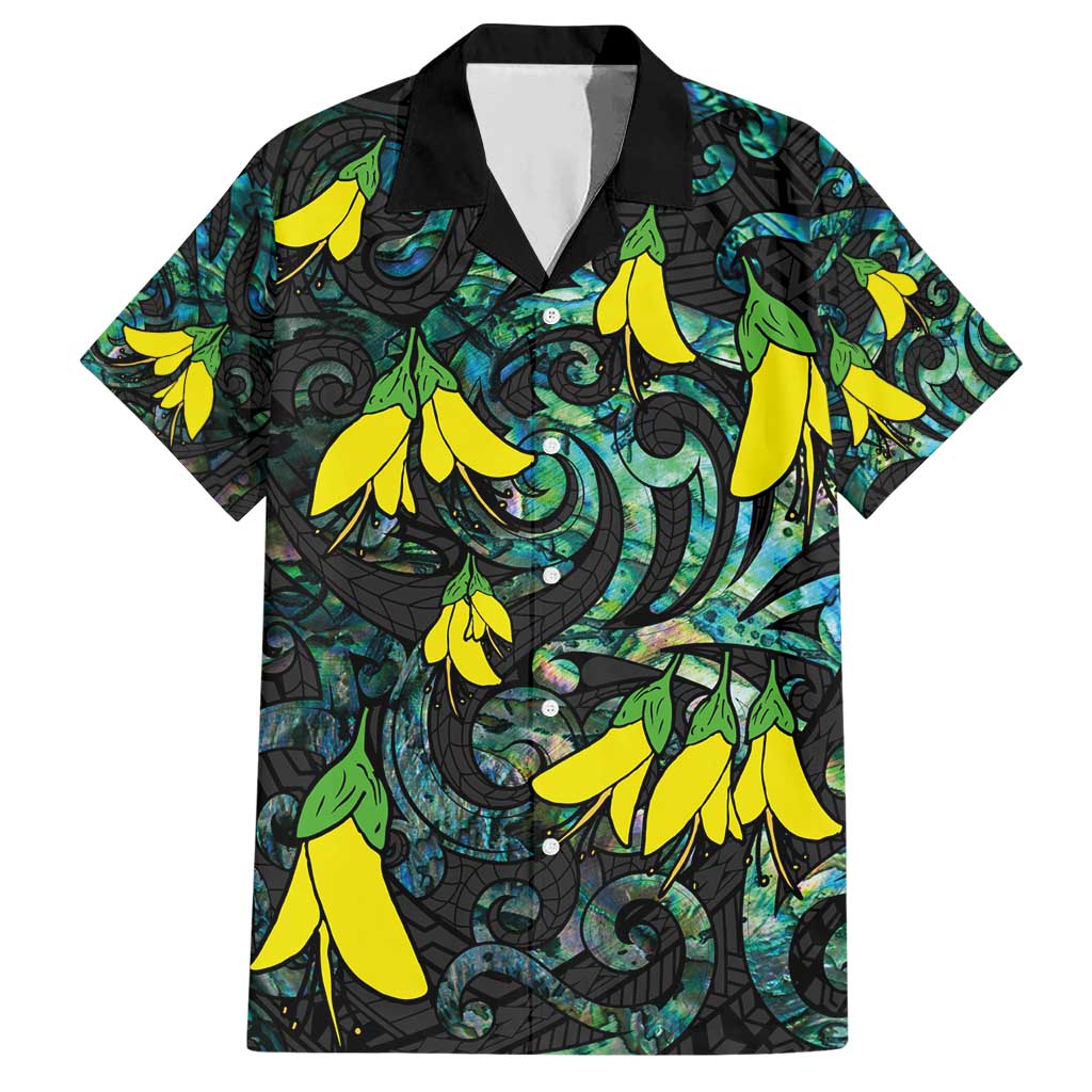 New Zealand Kowhai Flowers Hawaiian Shirt Maori Koru Pattern With Paua Shell Style LT03 Black - Polynesian Pride