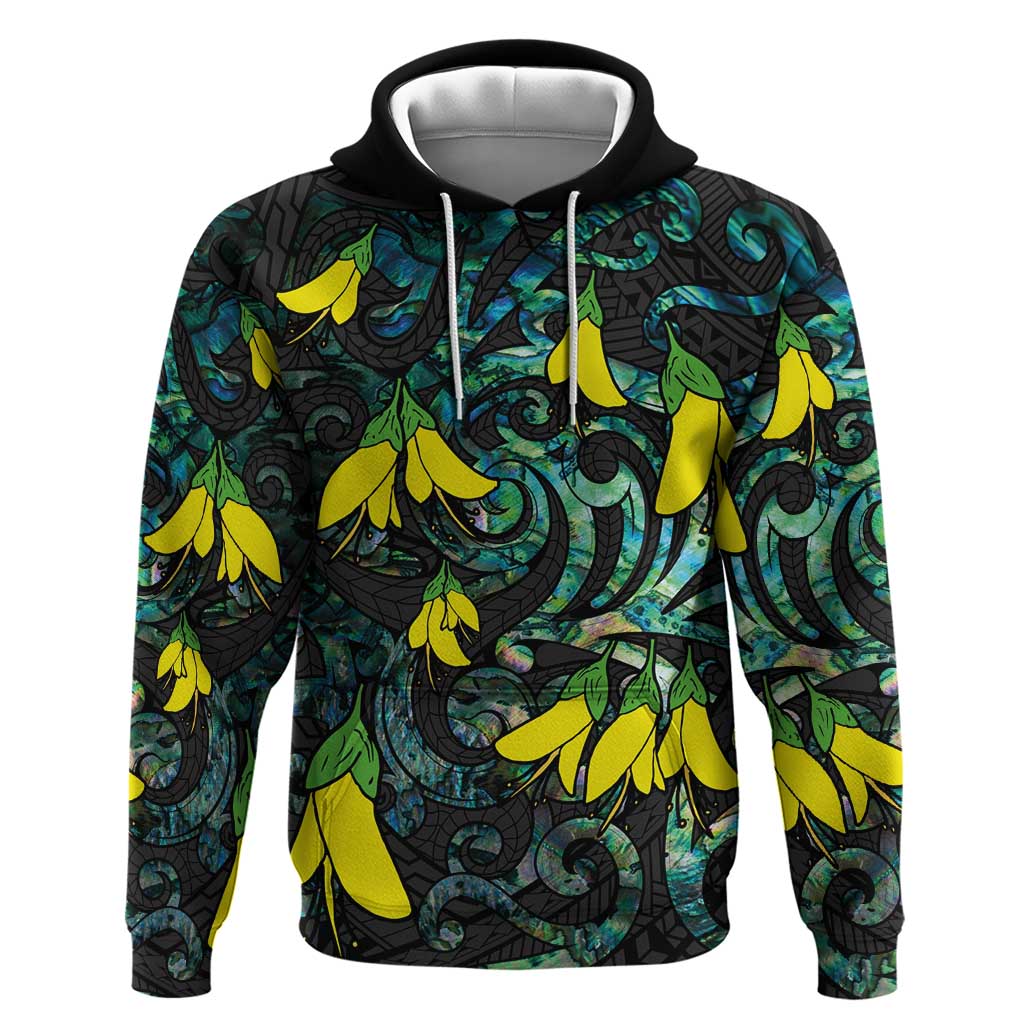 New Zealand Kowhai Flowers Hoodie Maori Koru Pattern With Paua Shell Style LT03 Pullover Hoodie Black - Polynesian Pride