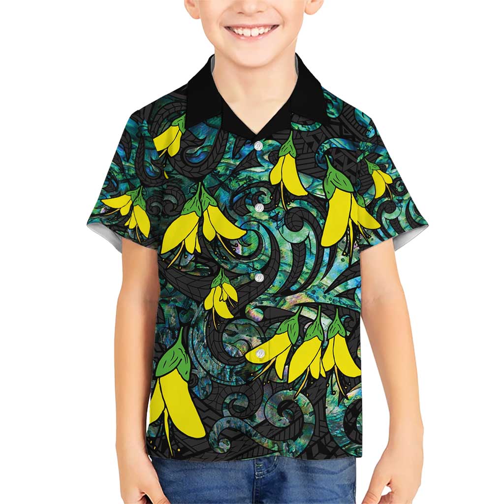 New Zealand Kowhai Flowers Kid Hawaiian Shirt Maori Koru Pattern With Paua Shell Style LT03 Kid Black - Polynesian Pride