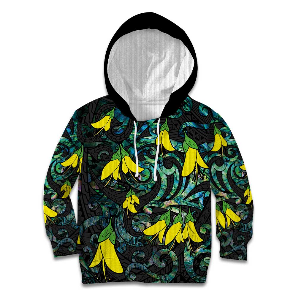 New Zealand Kowhai Flowers Kid Hoodie Maori Koru Pattern With Paua Shell Style LT03 Hoodie Black - Polynesian Pride