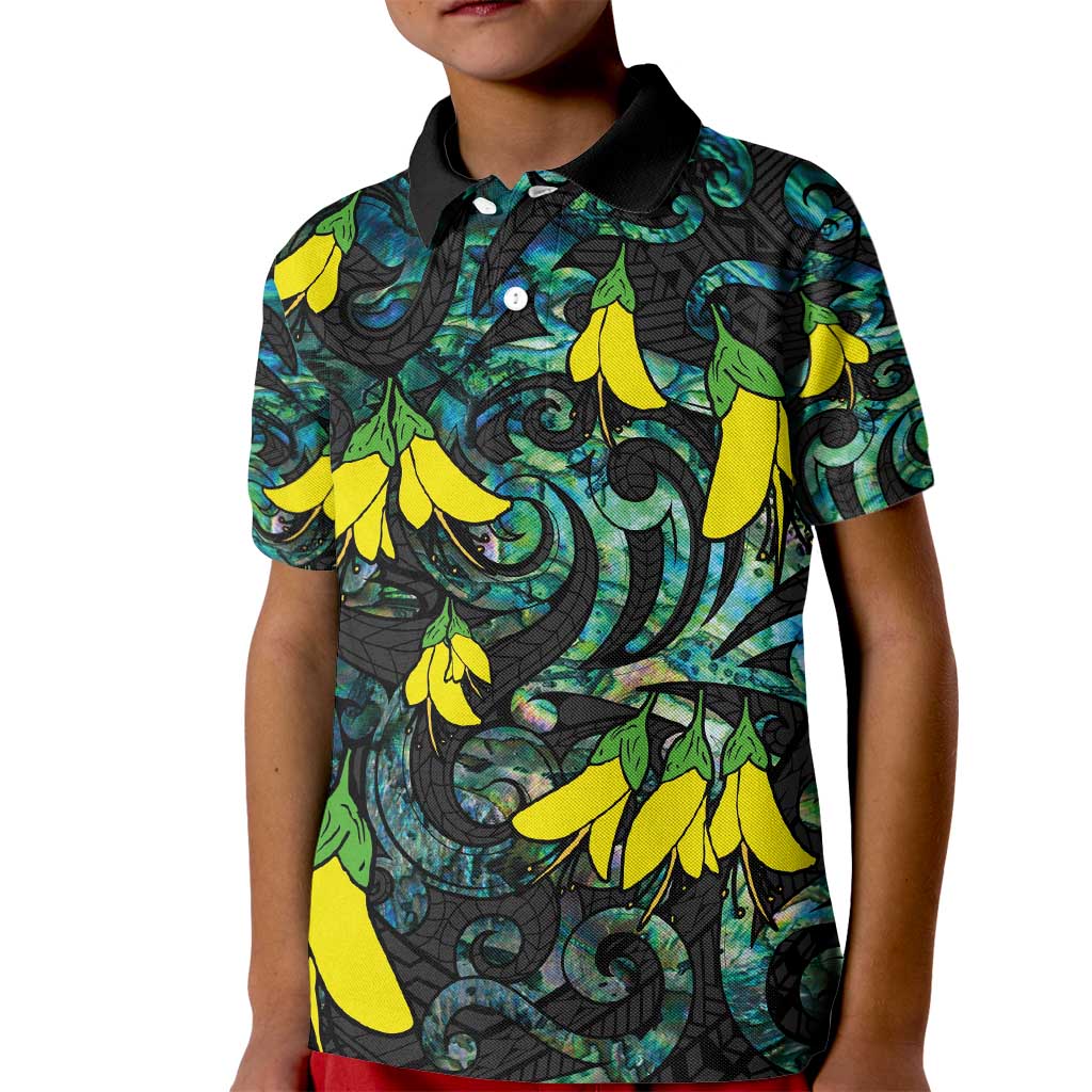 New Zealand Kowhai Flowers Kid Polo Shirt Maori Koru Pattern With Paua Shell Style LT03 Kid Black - Polynesian Pride
