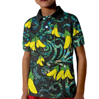 New Zealand Kowhai Flowers Kid Polo Shirt Maori Koru Pattern With Paua Shell Style LT03 Kid Black - Polynesian Pride