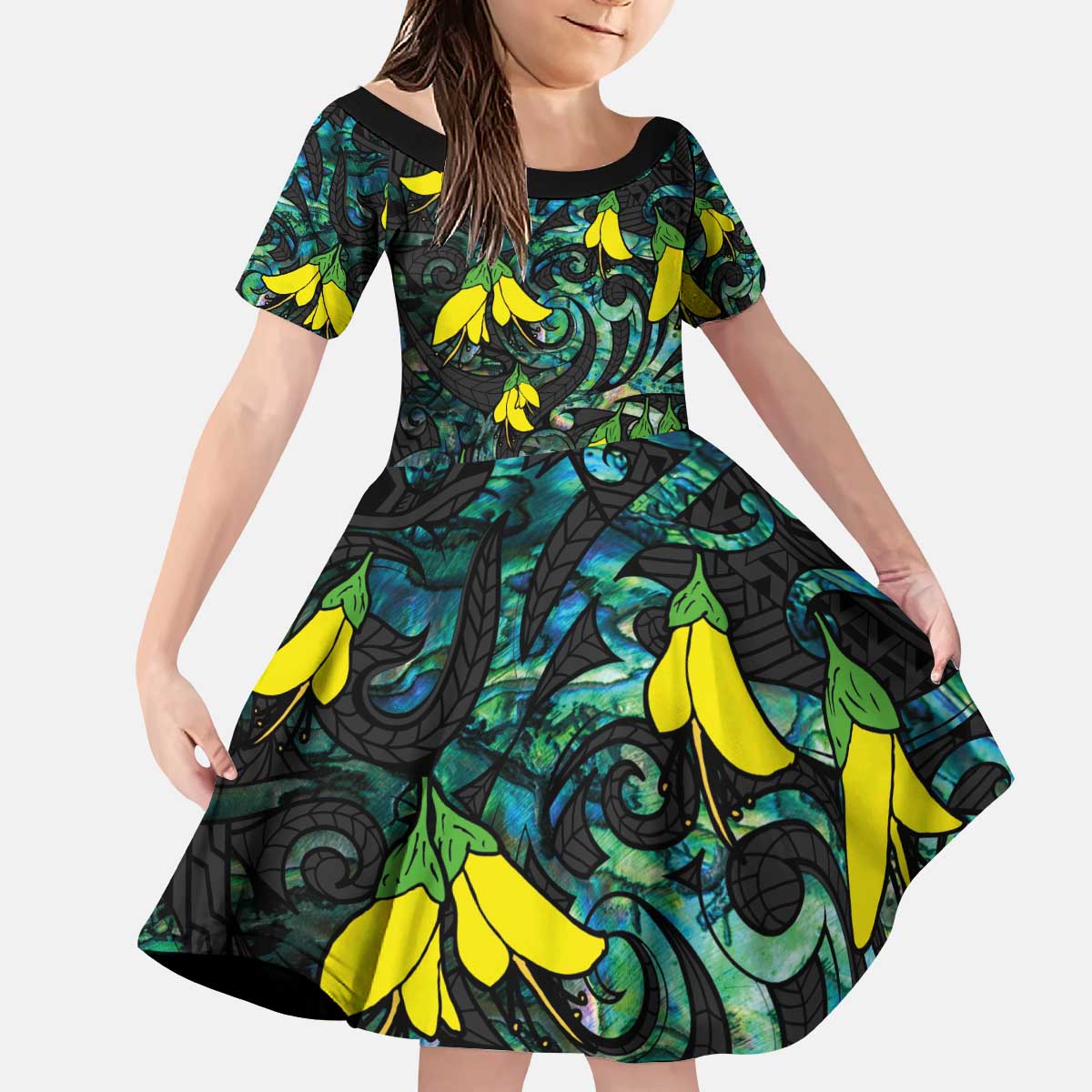 New Zealand Kowhai Flowers Kid Short Sleeve Dress Maori Koru Pattern With Paua Shell Style LT03 KID Black - Polynesian Pride