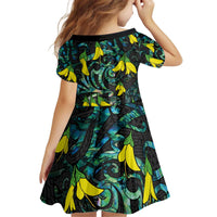 New Zealand Kowhai Flowers Kid Short Sleeve Dress Maori Koru Pattern With Paua Shell Style LT03 - Polynesian Pride