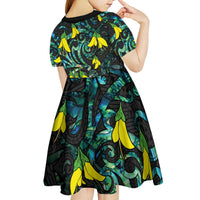 New Zealand Kowhai Flowers Kid Short Sleeve Dress Maori Koru Pattern With Paua Shell Style LT03 - Polynesian Pride