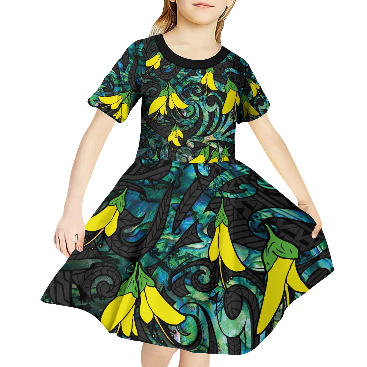 New Zealand Kowhai Flowers Kid Short Sleeve Dress Maori Koru Pattern With Paua Shell Style LT03 - Polynesian Pride