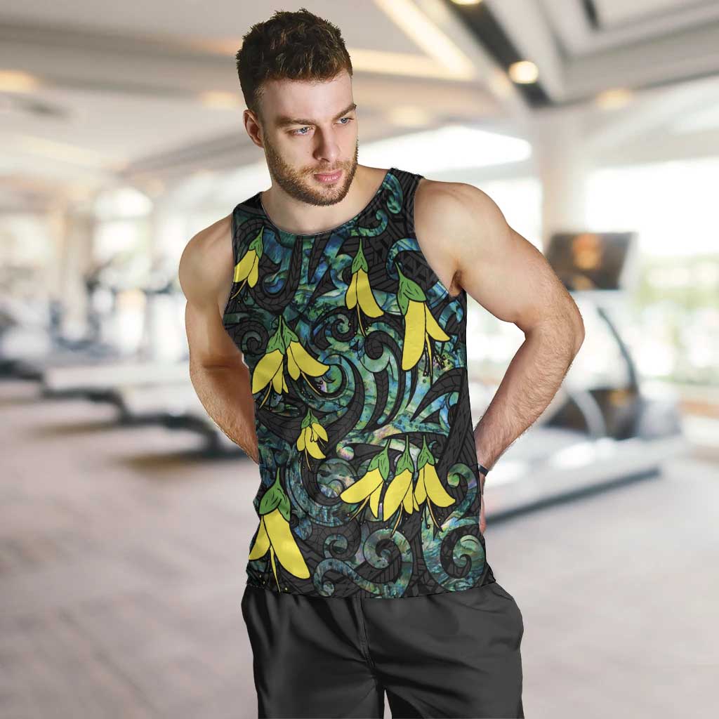 New Zealand Kowhai Flowers Men Tank Top Maori Koru Pattern With Paua Shell Style LT03 Black - Polynesian Pride