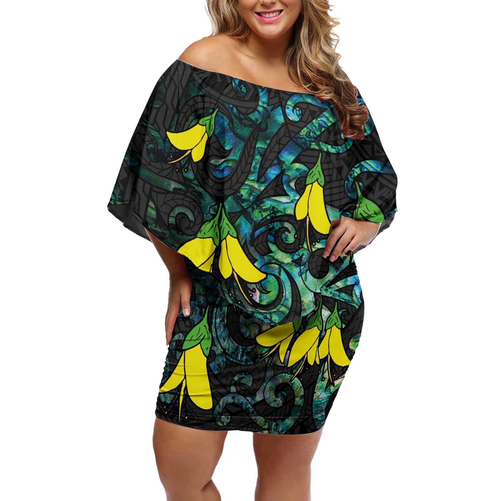 New Zealand Kowhai Flowers Off Shoulder Short Dress Maori Koru Pattern With Paua Shell Style LT03 Women Black - Polynesian Pride
