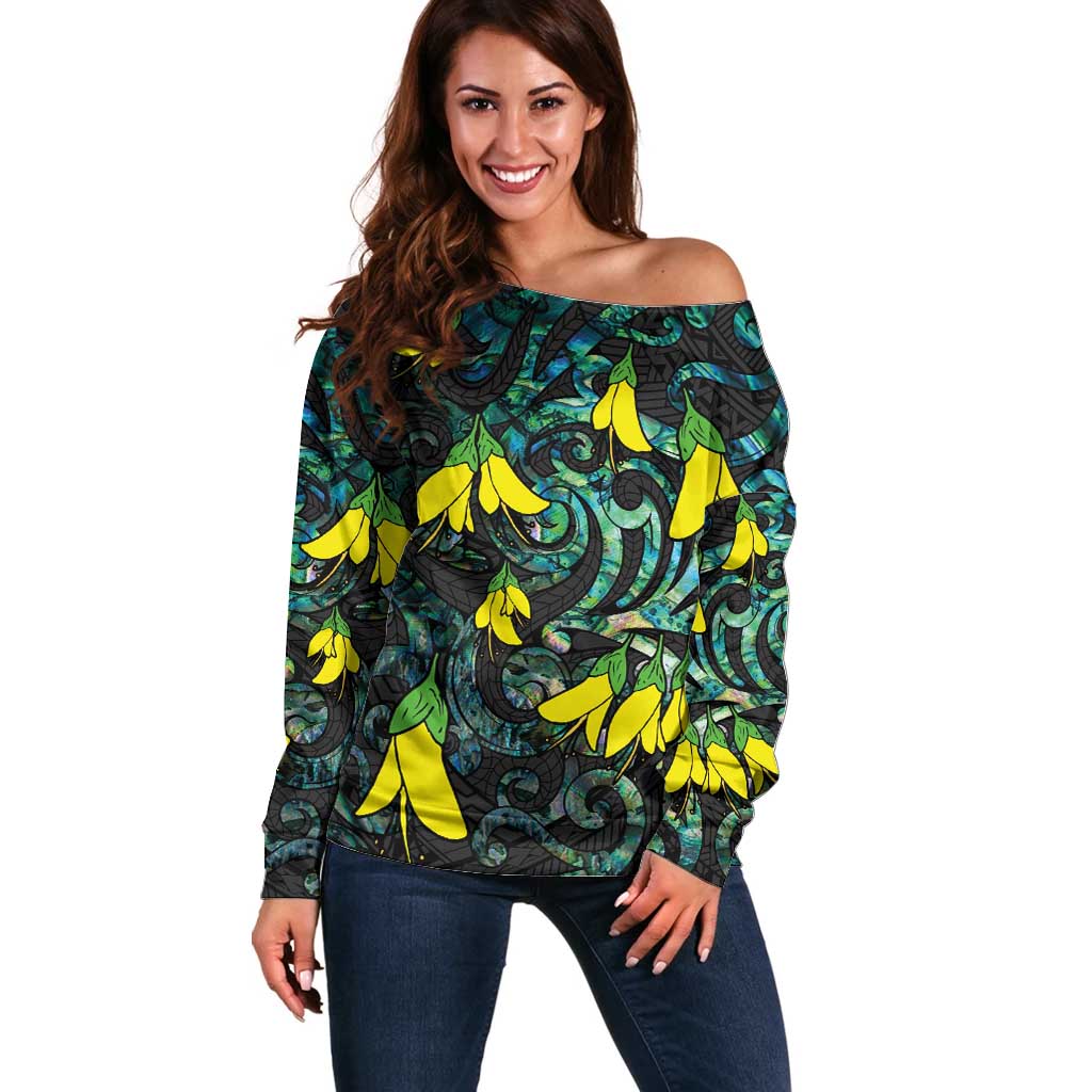 New Zealand Kowhai Flowers Off Shoulder Sweater Maori Koru Pattern With Paua Shell Style LT03 Women Black - Polynesian Pride