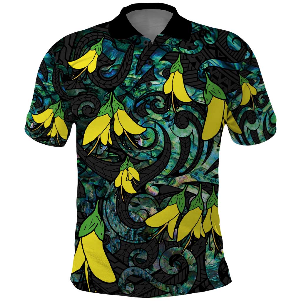 New Zealand Kowhai Flowers Polo Shirt Maori Koru Pattern With Paua Shell Style LT03 Black - Polynesian Pride