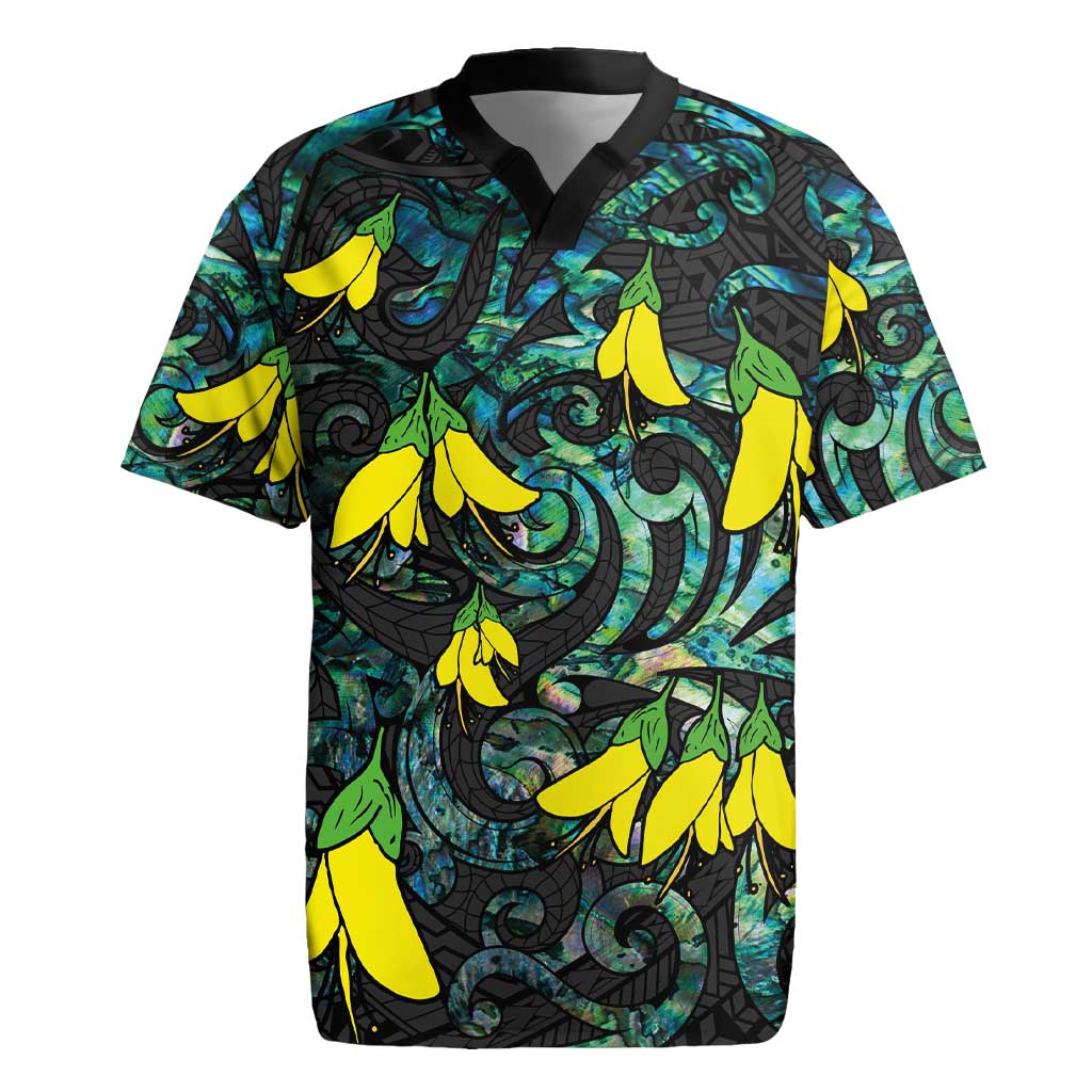 New Zealand Kowhai Flowers Rugby Jersey Maori Koru Pattern With Paua Shell Style LT03 Black - Polynesian Pride