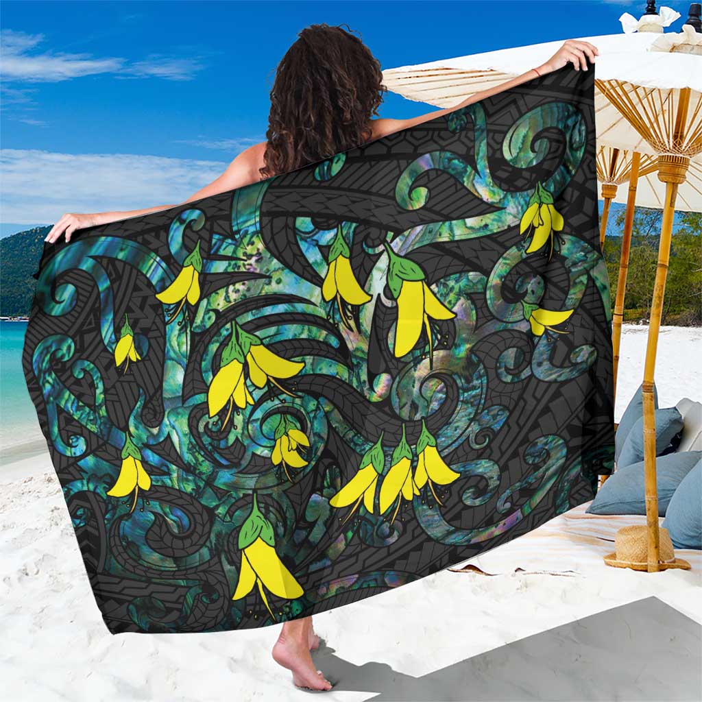 New Zealand Kowhai Flowers Sarong Maori Koru Pattern With Paua Shell Style LT03 One Size 44 x 66 inches Black - Polynesian Pride
