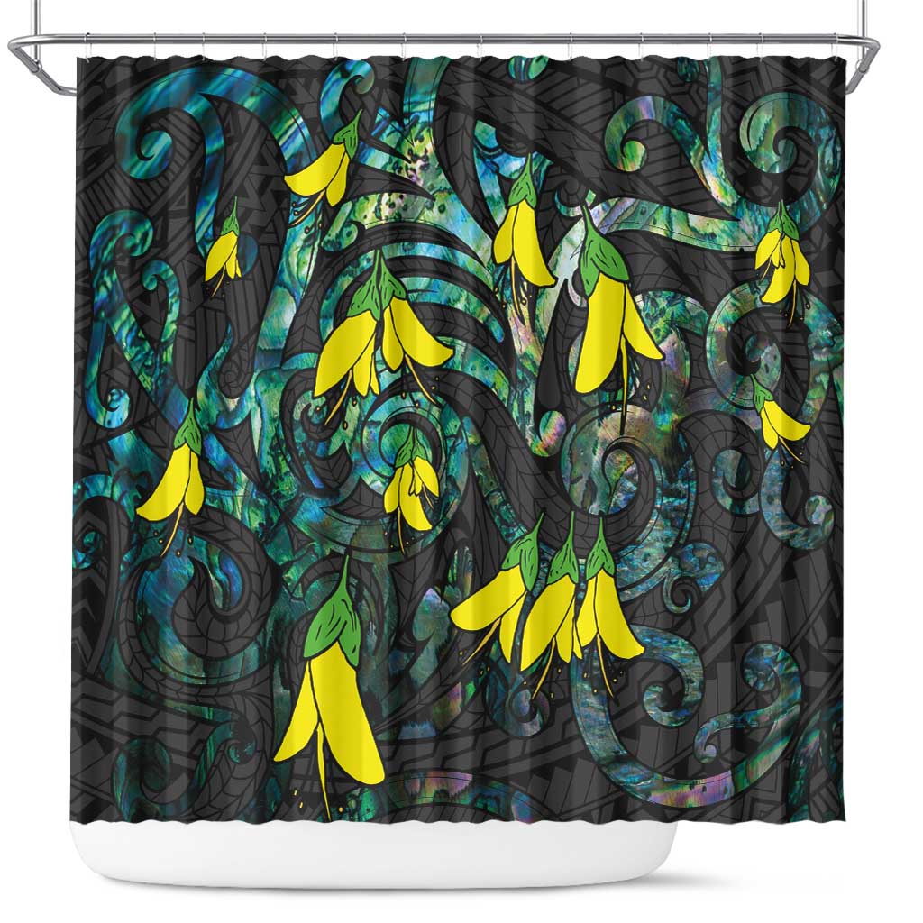 New Zealand Kowhai Flowers Shower Curtain Maori Koru Pattern With Paua Shell Style