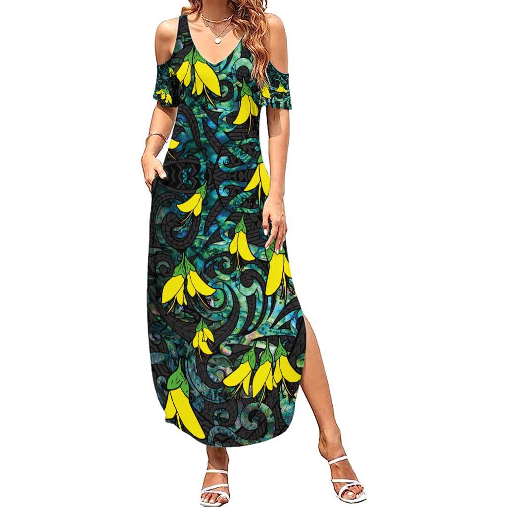 New Zealand Kowhai Flowers Summer Maxi Dress Maori Koru Pattern With Paua Shell Style LT03 Women Black - Polynesian Pride