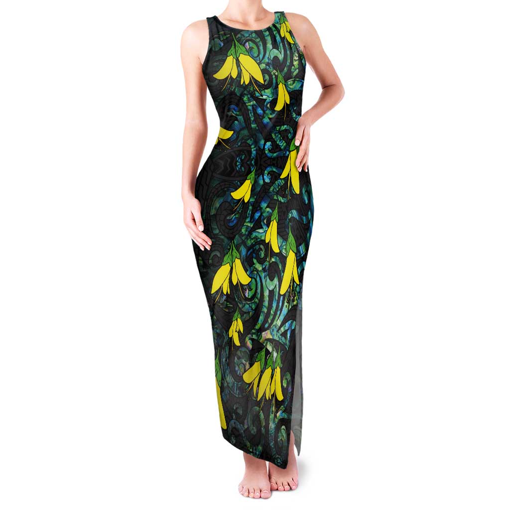 New Zealand Kowhai Flowers Tank Maxi Dress Maori Koru Pattern With Paua Shell Style LT03 Women Black - Polynesian Pride