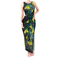 New Zealand Kowhai Flowers Tank Maxi Dress Maori Koru Pattern With Paua Shell Style LT03 Women Black - Polynesian Pride