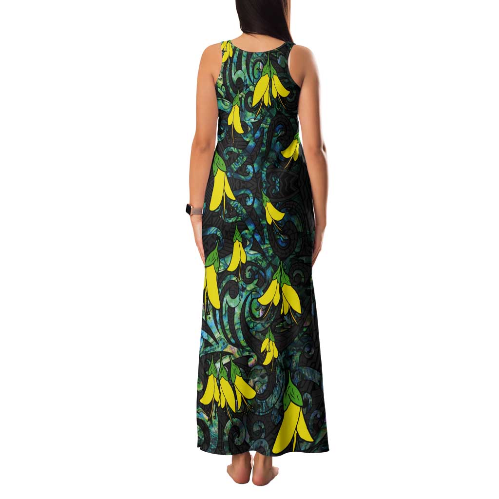 New Zealand Kowhai Flowers Tank Maxi Dress Maori Koru Pattern With Paua Shell Style LT03 - Polynesian Pride