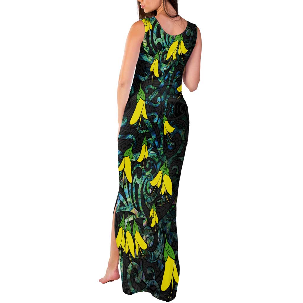 New Zealand Kowhai Flowers Tank Maxi Dress Maori Koru Pattern With Paua Shell Style LT03 - Polynesian Pride