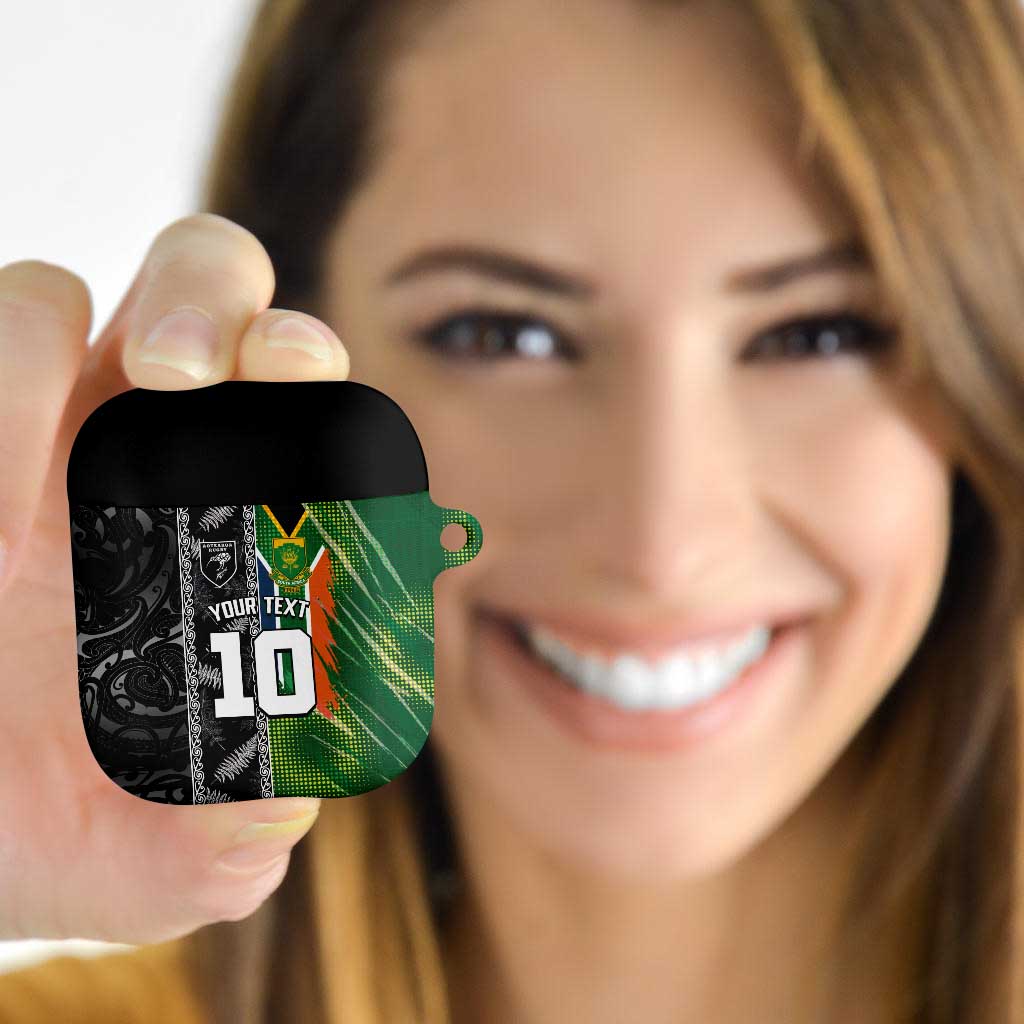 Custom Aotearoa South Africa Rugby Freedom Cup AirPods Case Maori Silver Fern Art and Sporty Flag SA LT03 Black - Polynesian Pride