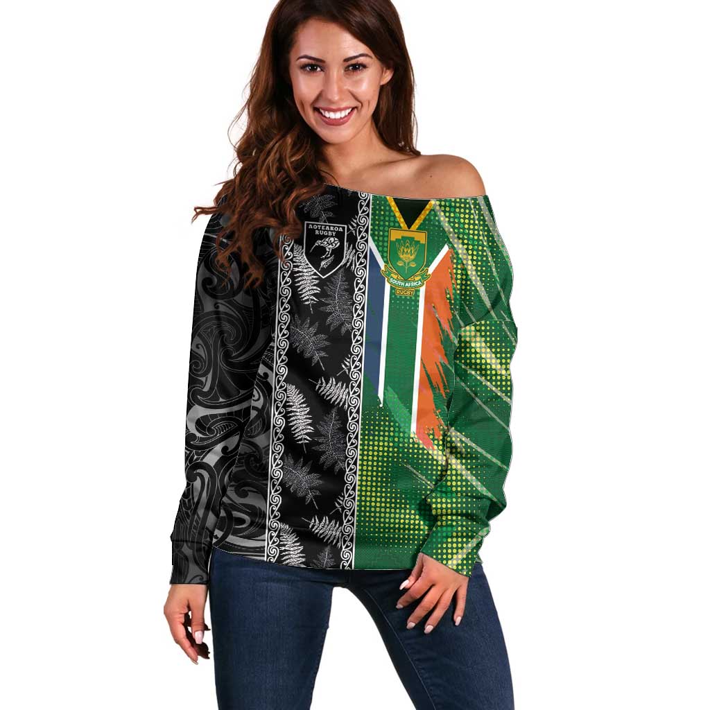 Custom Aotearoa South Africa Rugby Freedom Cup Off Shoulder Sweater Maori Silver Fern Art and Sporty Flag SA LT03 Women Black - Polynesian Pride