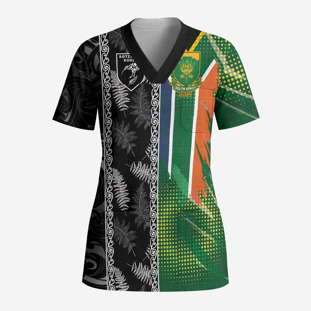 Custom Aotearoa South Africa Rugby Freedom Cup Scrub Top Maori Silver Fern Art and Sporty Flag SA LT03 Adult Black - Polynesian Pride