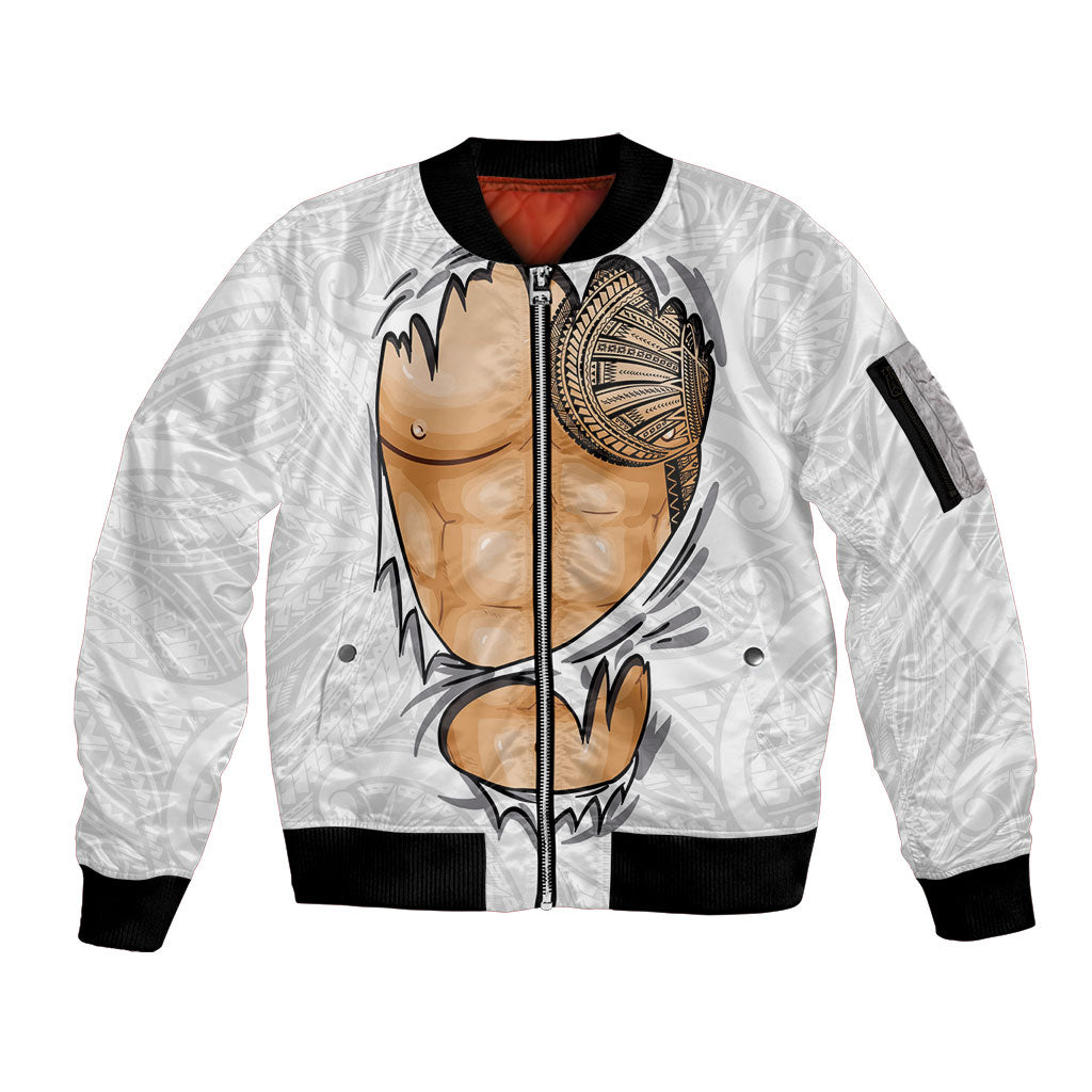 Samoan Tatau Sleeve Zip Bomber Jacket Tattoo Reveal Effect LT03 Unisex White - Polynesian Pride