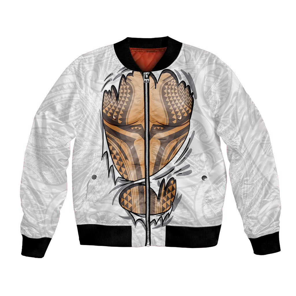 Hawaiian Kakau Bomber Jacket Aquaman Tattoo Reveal Effect LT03 Unisex White - Polynesian Pride