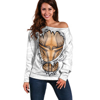 Hawaiian Kakau Off Shoulder Sweater Aquaman Tattoo Reveal Effect LT03 Women White - Polynesian Pride