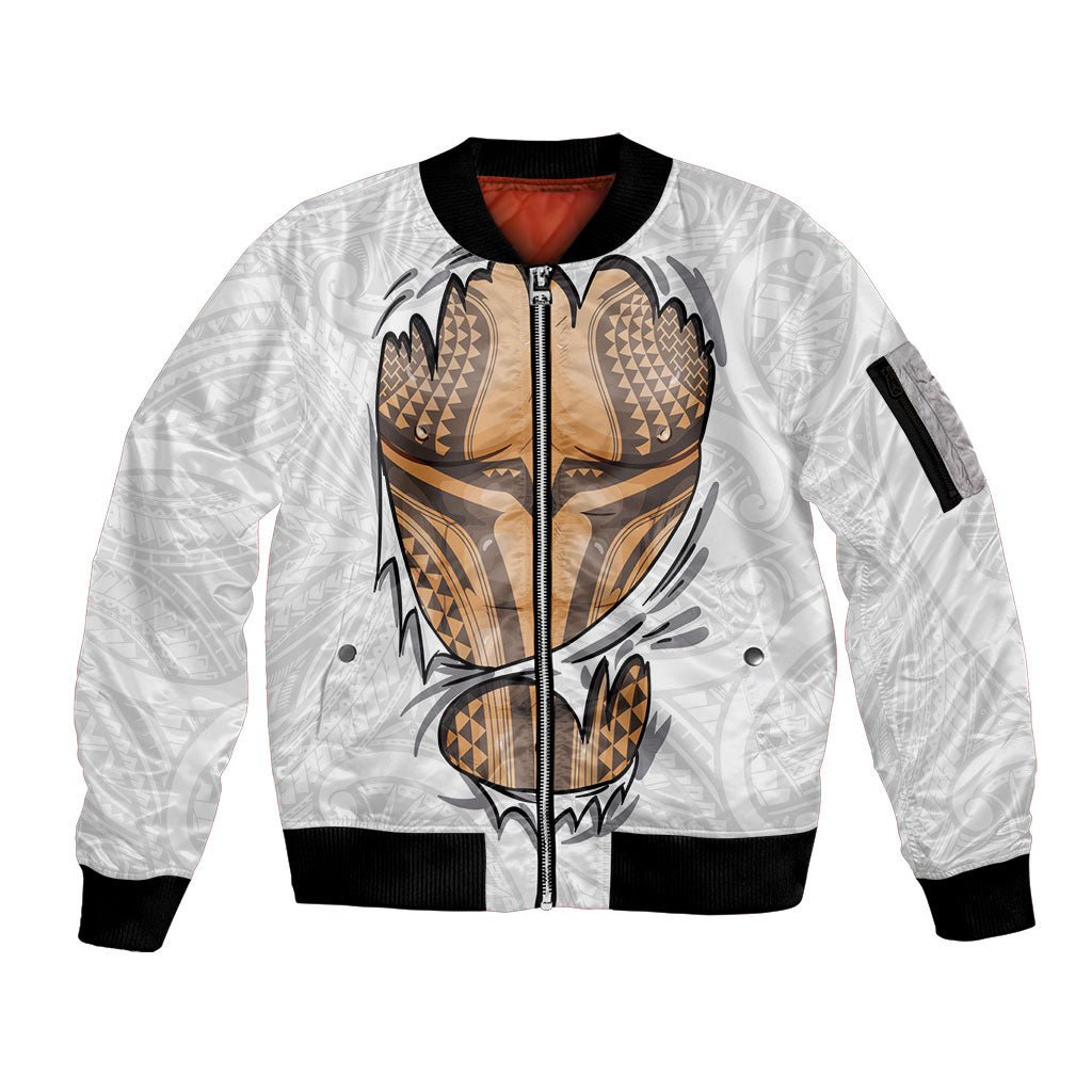 Hawaiian Kakau Sleeve Zip Bomber Jacket Aquaman Tattoo Reveal Effect LT03 Unisex White - Polynesian Pride