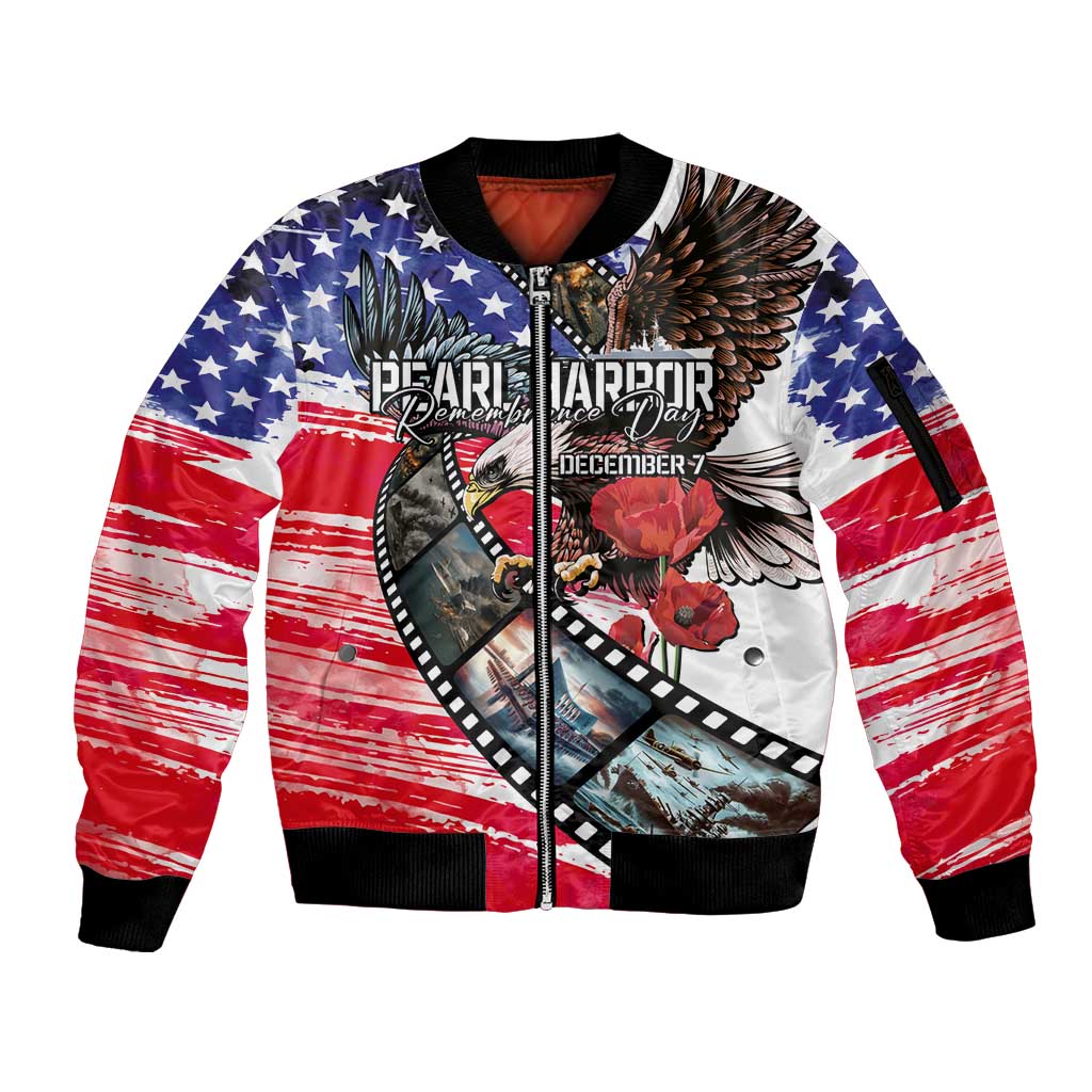 Pearl Harbor Remembrance Day Personalized Sleeve Zip Bomber Jacket Lest We Forget - The Bald Eagle Remembers LT03 Unisex White - Polynesian Pride